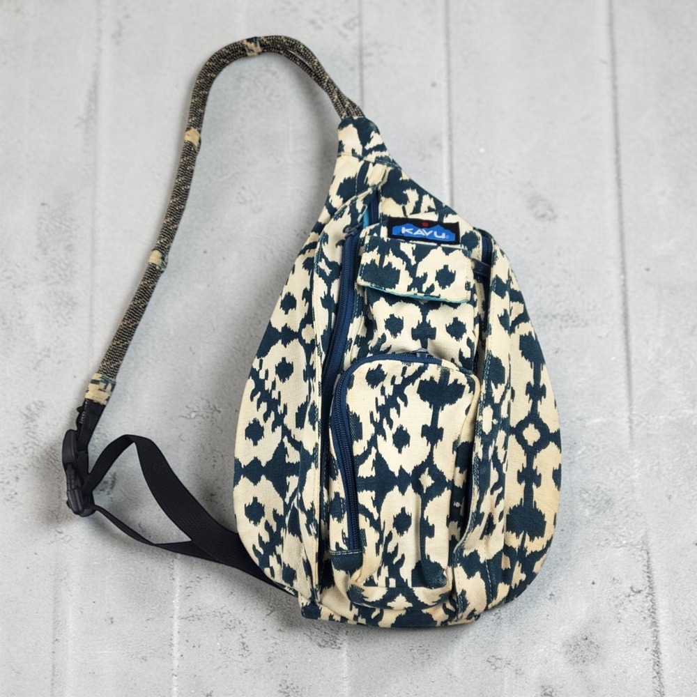 KAVU Rope Bag Sling Backpack Navy Blue Cream Ikat Geometric Canvas Outdoor